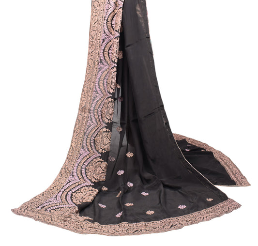 Sushila Vintage Zari Embroidered Dupatta Pure Crepe Silk Floral Black Long Stole