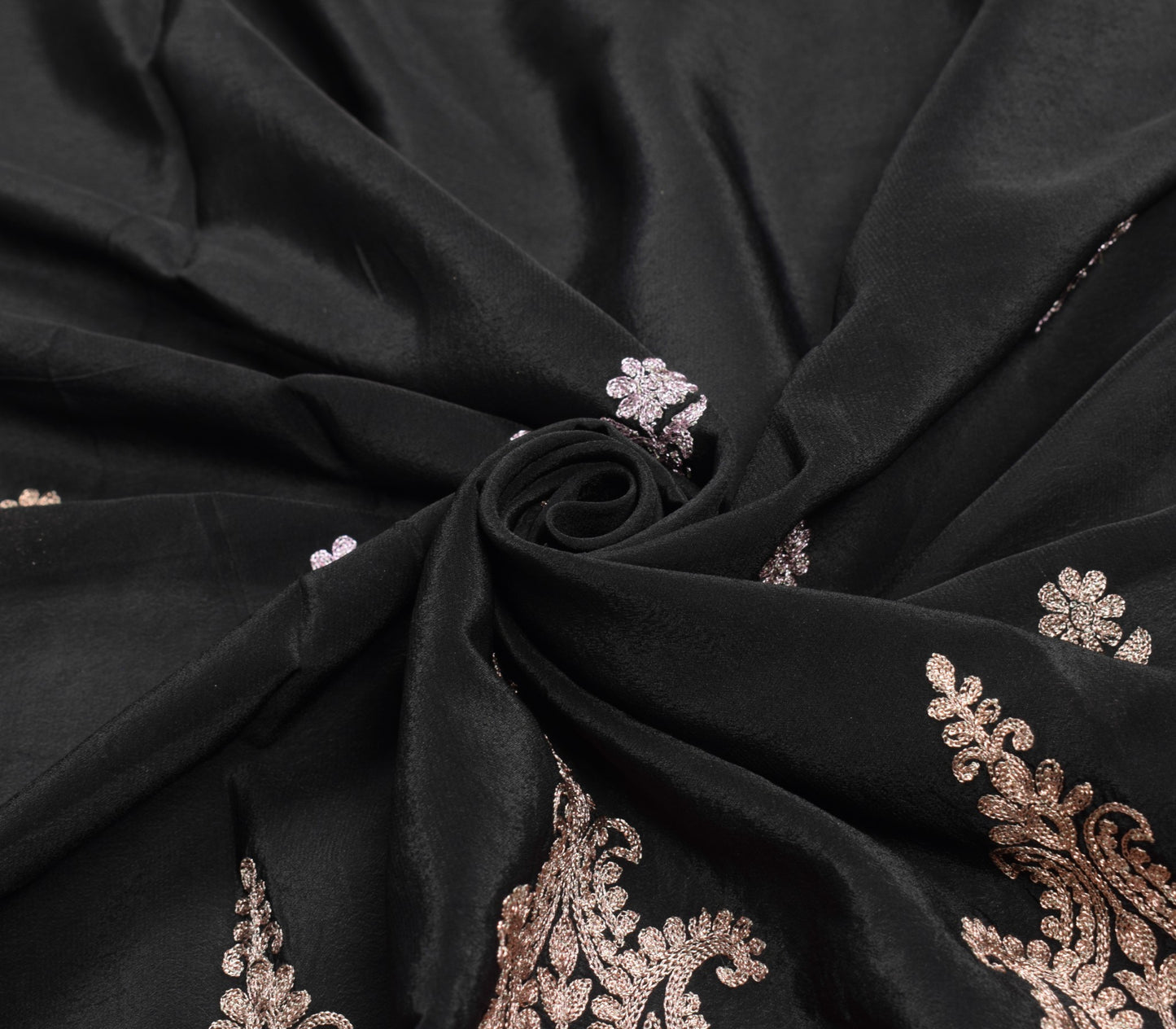 Sushila Vintage Zari Embroidered Dupatta Pure Crepe Silk Floral Black Long Stole