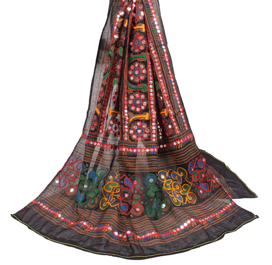 Sushila Vintage Banjara Wrap Embroidered Kutchwork 100%Pure Cotton Black Dupatta