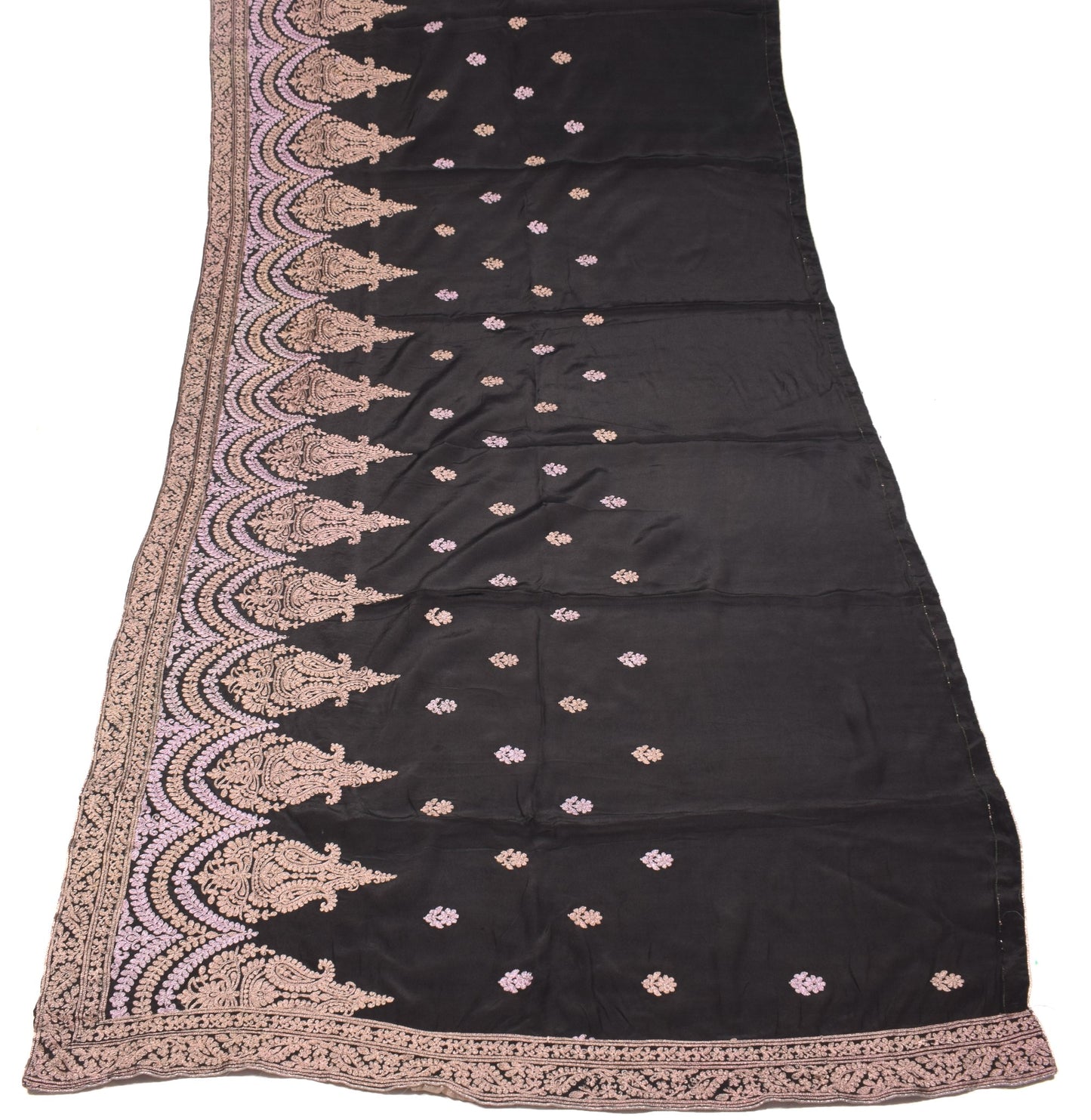 Sushila Vintage Zari Embroidered Dupatta Pure Crepe Silk Floral Black Long Stole