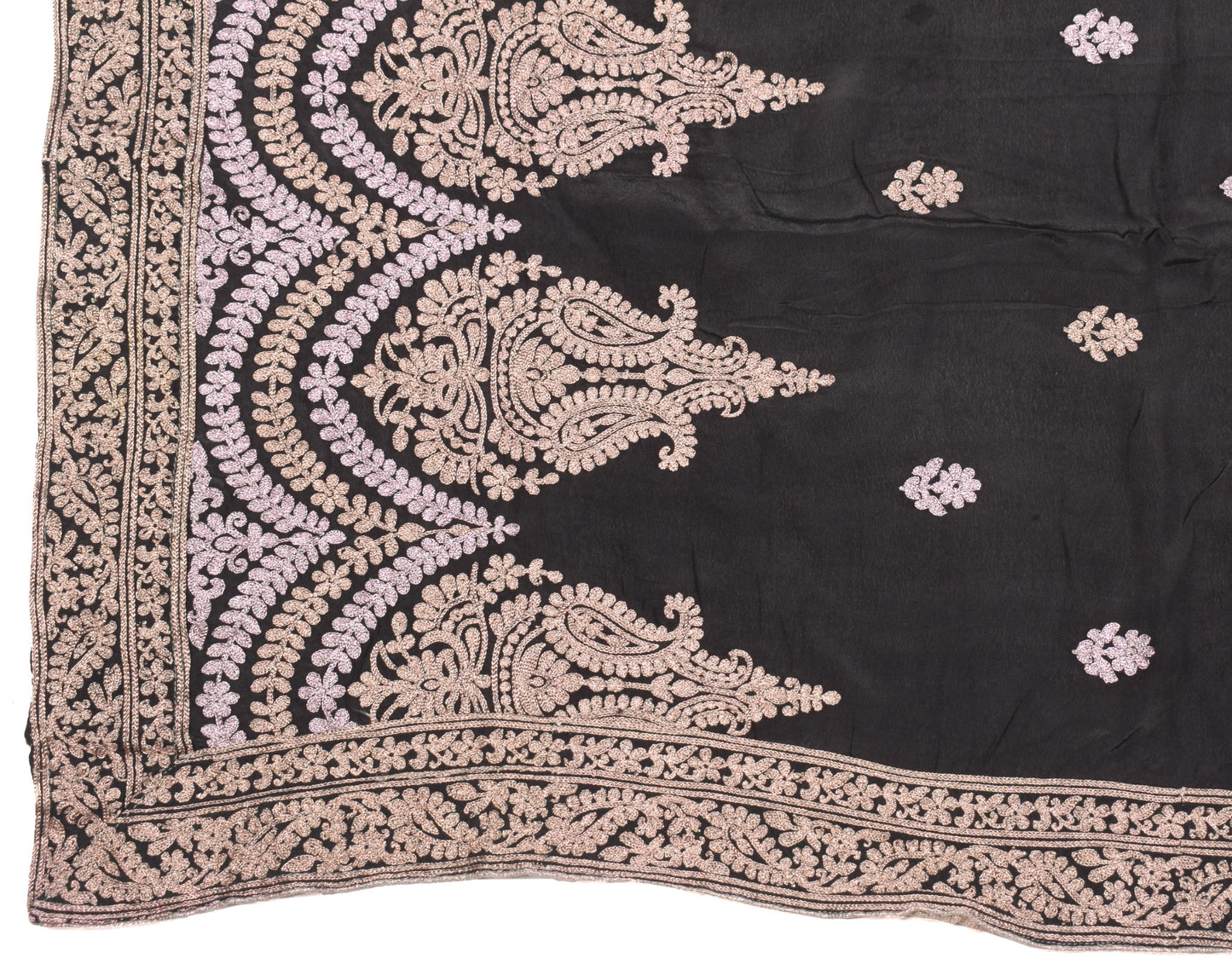 Sushila Vintage Zari Embroidered Dupatta Pure Crepe Silk Floral Black Long Stole