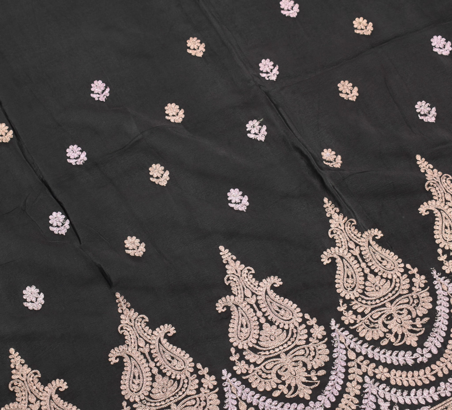 Sushila Vintage Zari Embroidered Dupatta Pure Crepe Silk Floral Black Long Stole