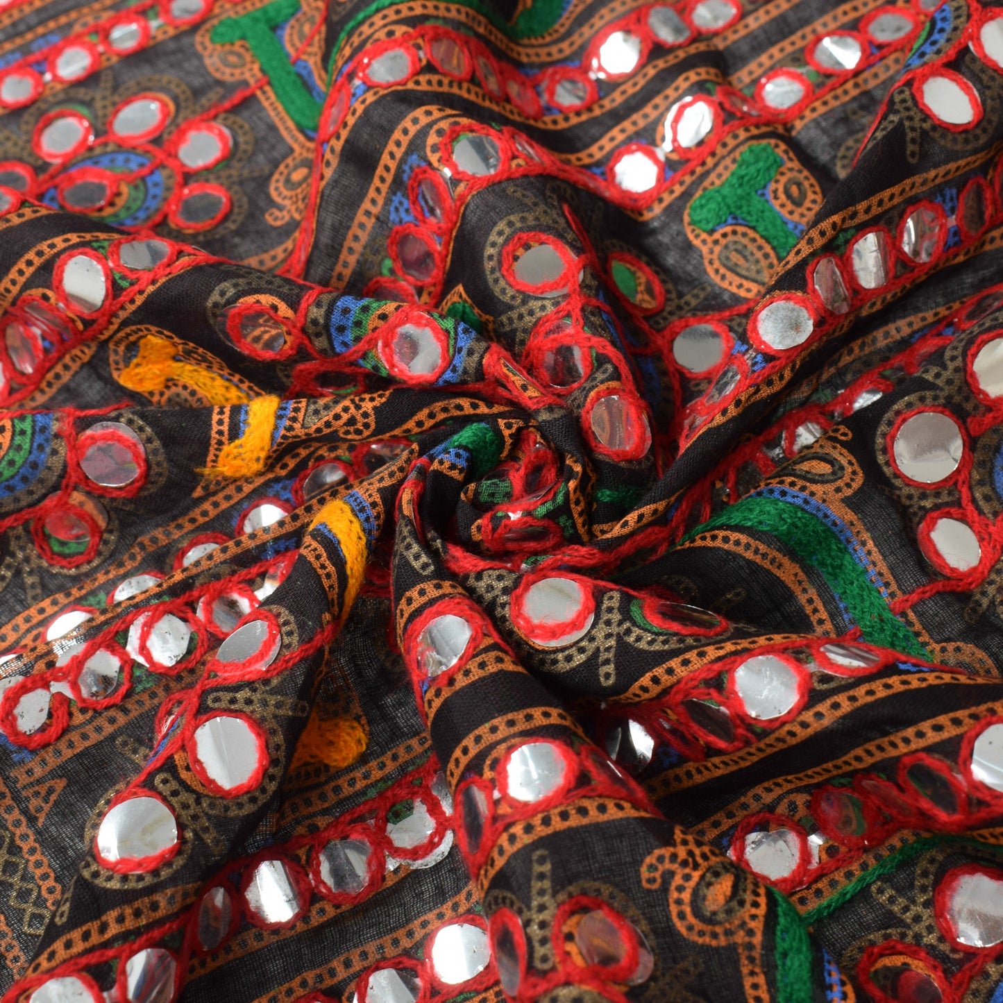 Sushila Vintage Banjara Wrap Embroidered Kutchwork 100%Pure Cotton Black Dupatta