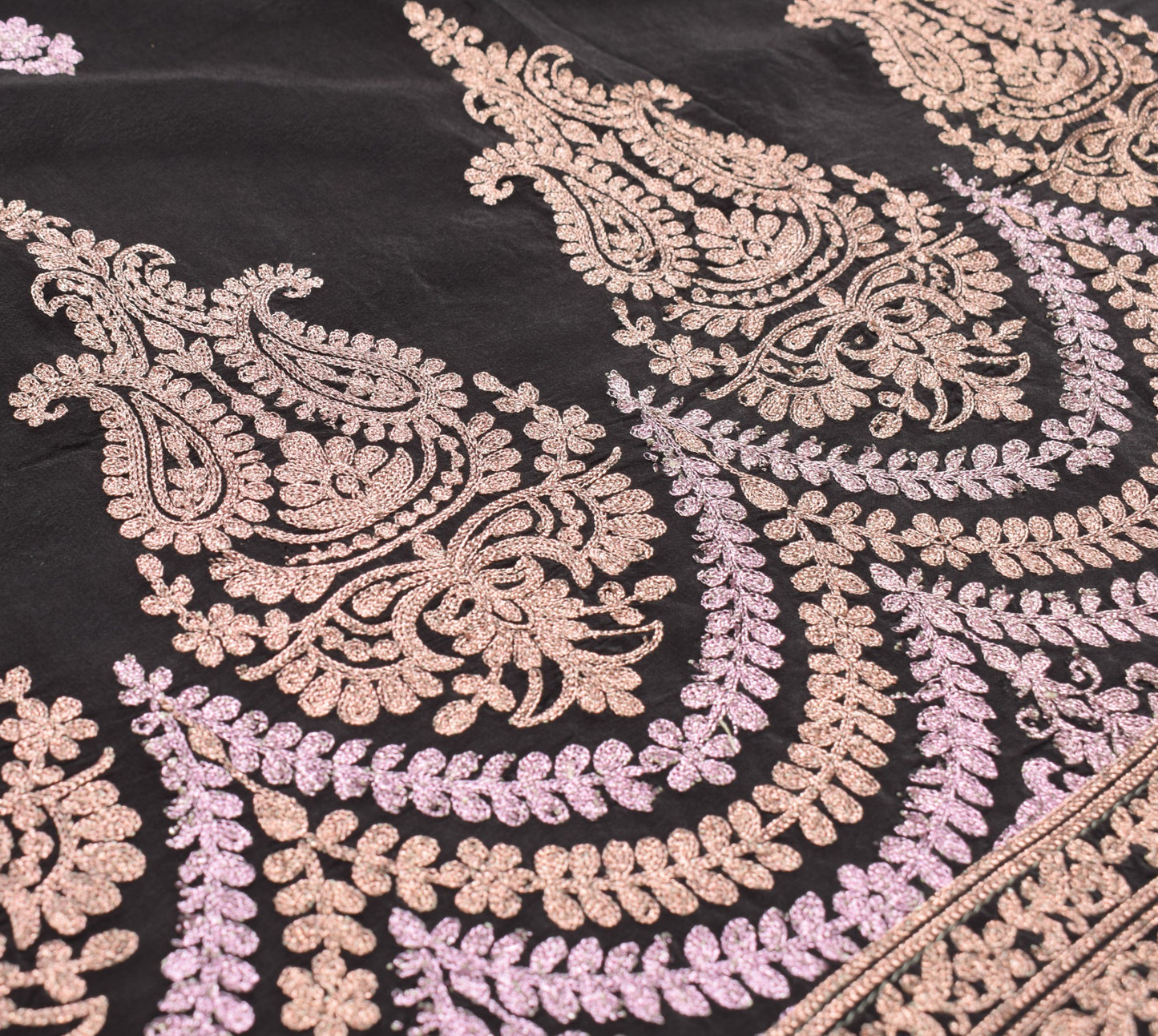 Sushila Vintage Zari Embroidered Dupatta Pure Crepe Silk Floral Black Long Stole
