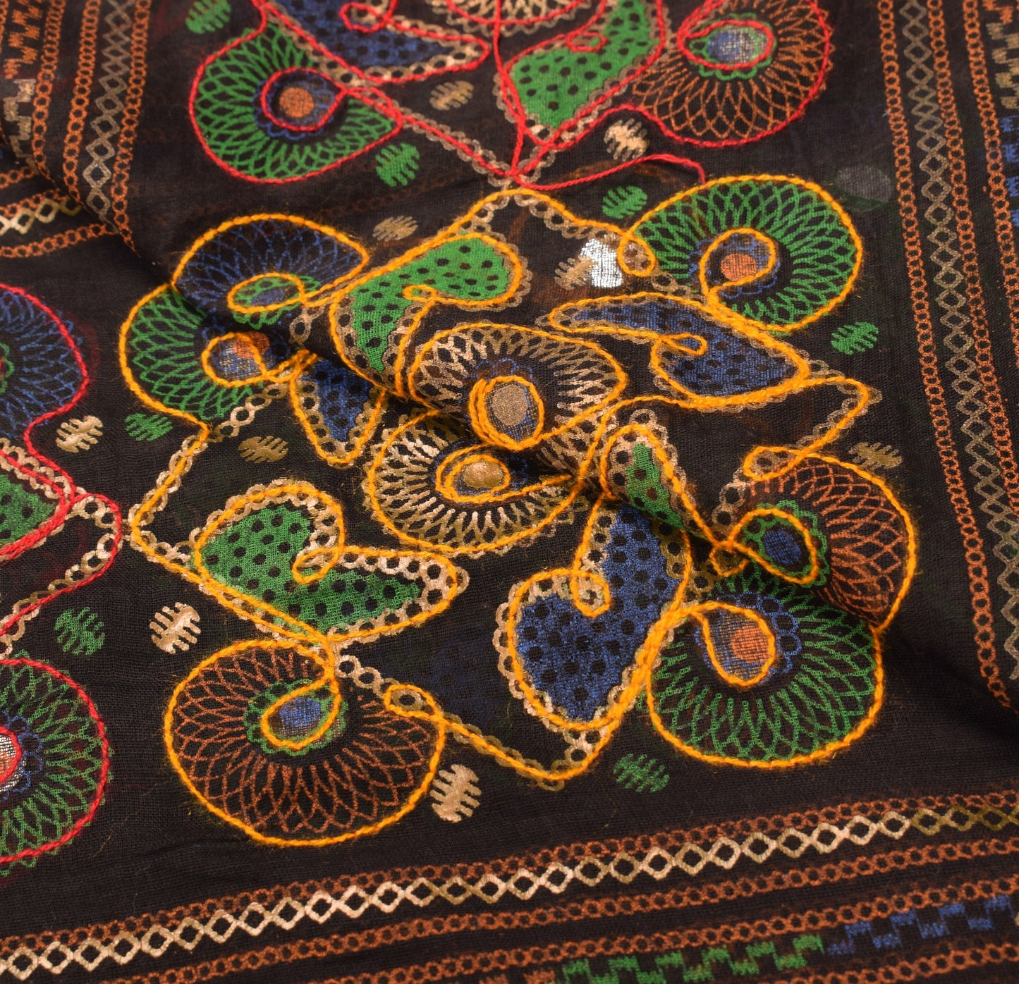 Sushila Vintage Banjara Wrap Embroidered Kutchwork 100%Pure Cotton Black Dupatta