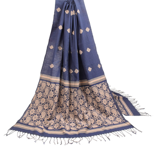 Sushila Vintage Hand Woven Dupatta 100% Pure Cotton Floral Navy Blue Long Stole