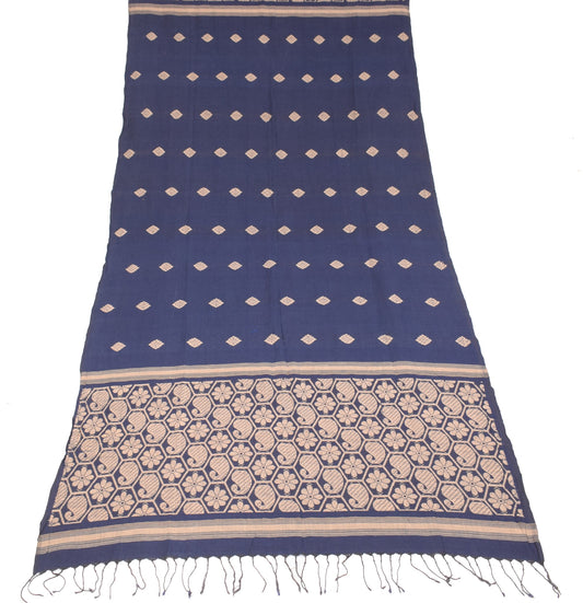 Sushila Vintage Hand Woven Dupatta 100% Pure Cotton Floral Navy Blue Long Stole