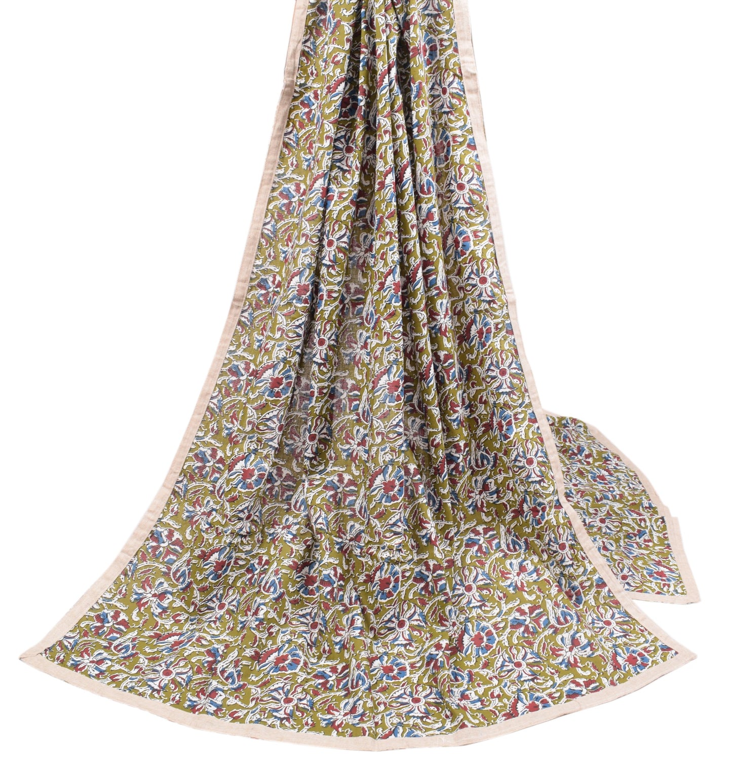 Sushila Vintage Floral Kalamkari Dupatta Pure Cotton Green Handprint Long Stole