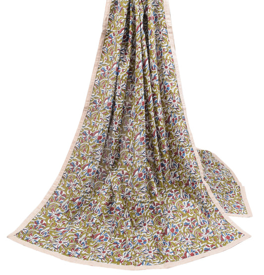 Sushila Vintage Floral Kalamkari Dupatta Pure Cotton Green Handprint Long Stole