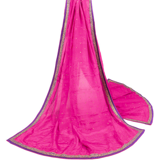Sushila Vintage Pure Chiffon Dupatta Magenta Rhine Stone Beaded Long Stole Wrap