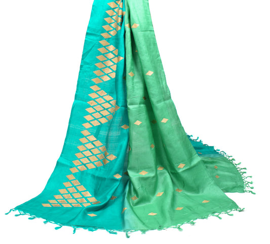 Sushila Vintage Green Blue  Dupatta Pure Tussar Silk Embroidered Soft Long Stole