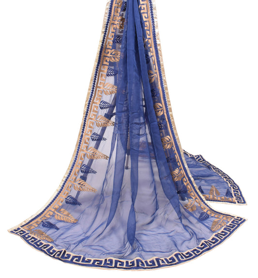 Sushila Vintage Embroidered Dupatta 100% Pure Chiffon Silk Blue Long Stole Wrap