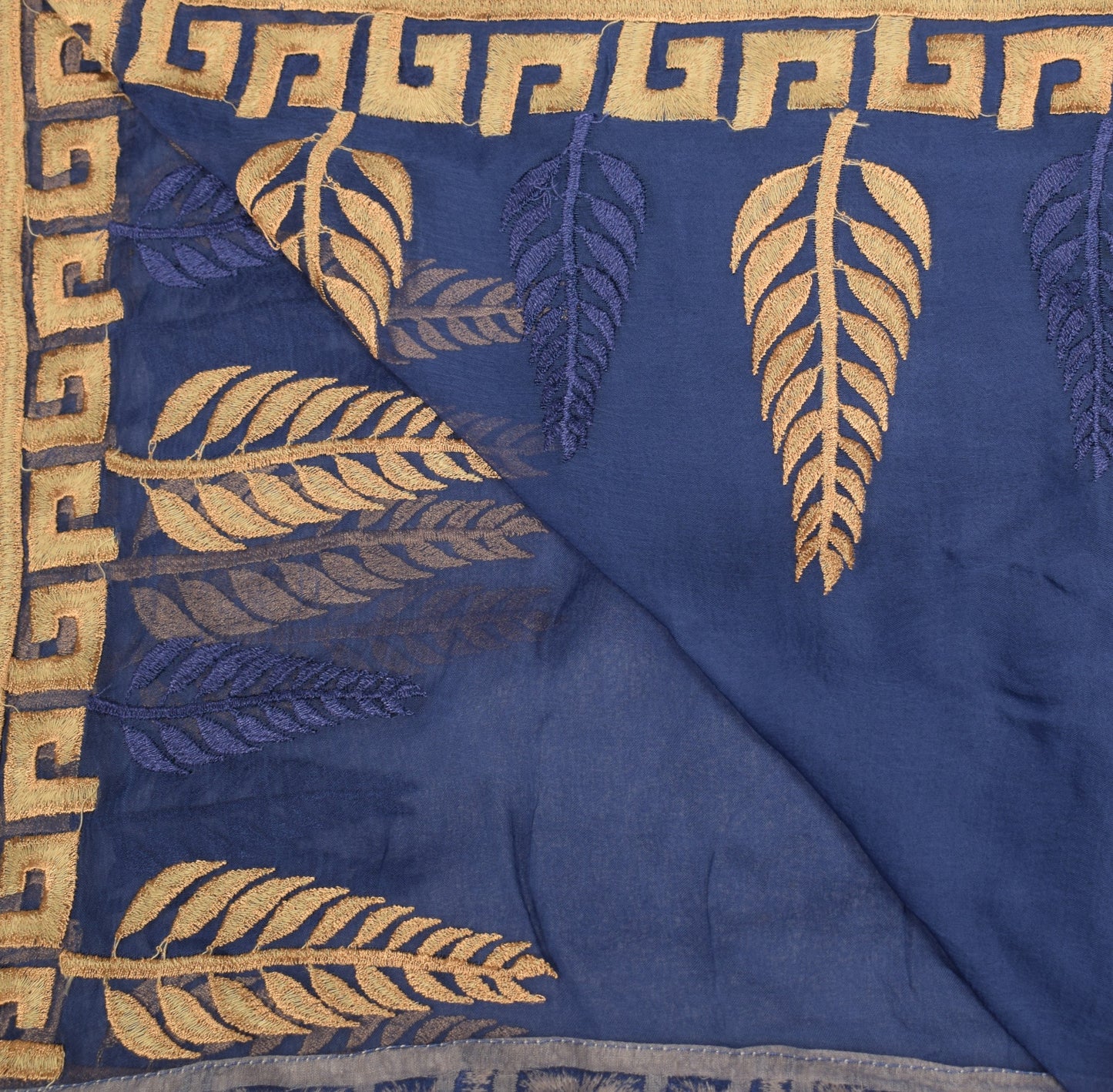 Sushila Vintage Embroidered Dupatta 100% Pure Chiffon Silk Blue Long Stole Wrap