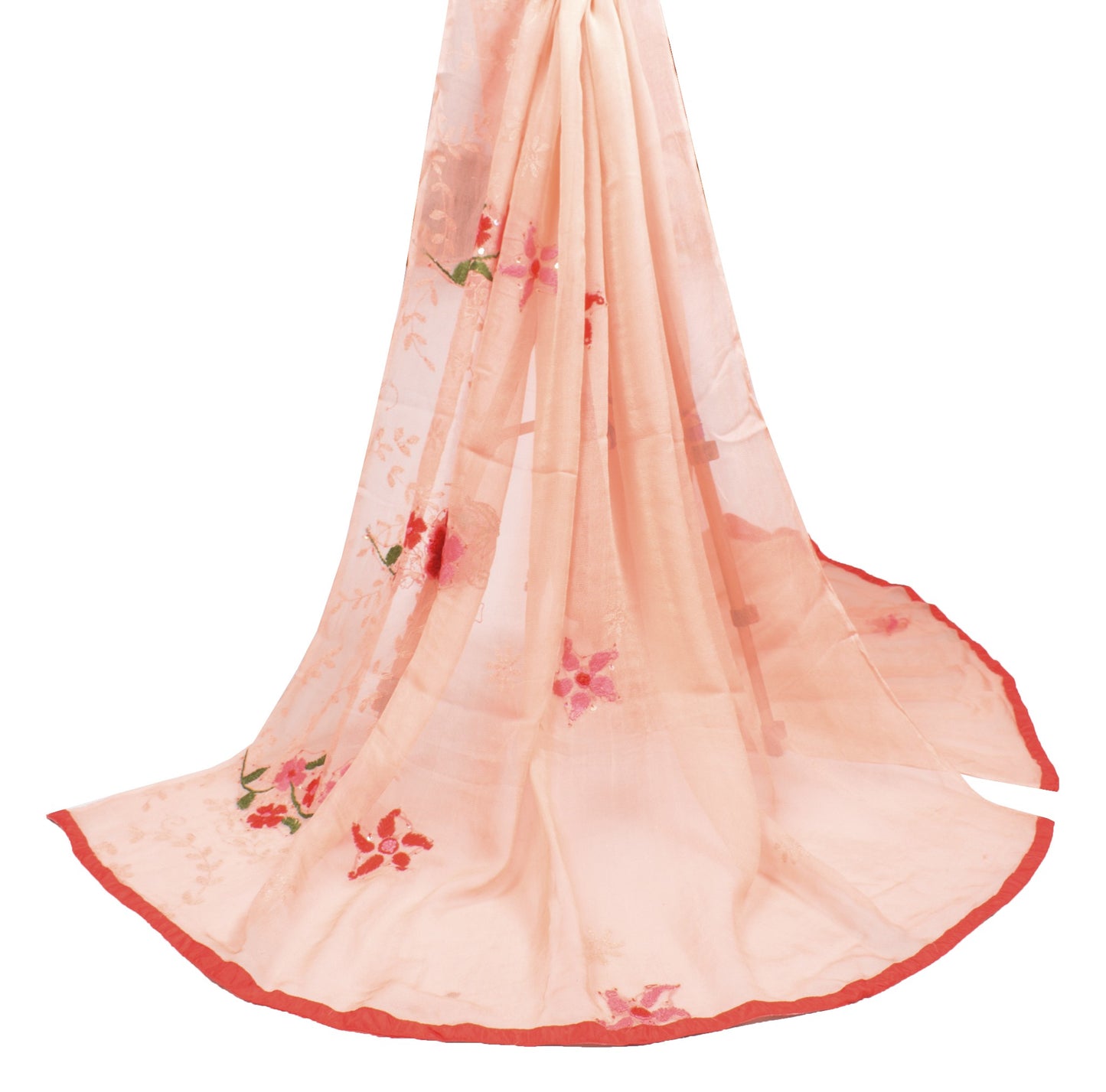 Sushila Vintage Peach Red Dupatta Pure Georgette Hand Embroidered Long Stole