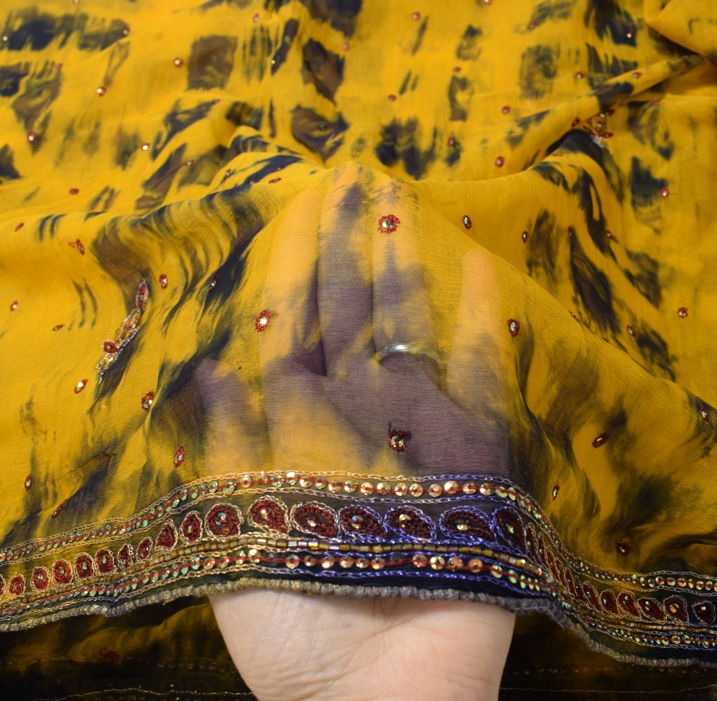 Sushila Vintage Yellow TieDye Dupatta Sequins Embroidered Pure Chiffon LongStole