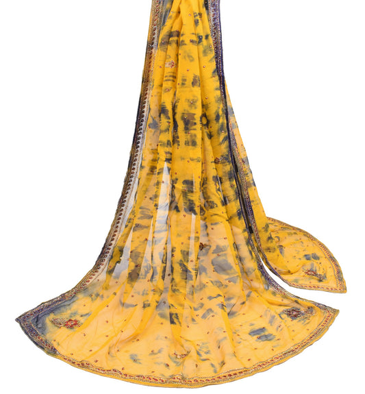 Sushila Vintage Yellow TieDye Dupatta Sequins Embroidered Pure Chiffon LongStole