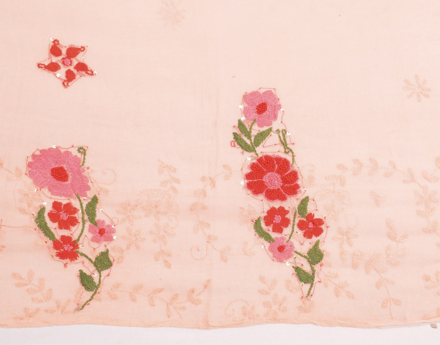 Sushila Vintage Peach Red Dupatta Pure Georgette Hand Embroidered Long Stole