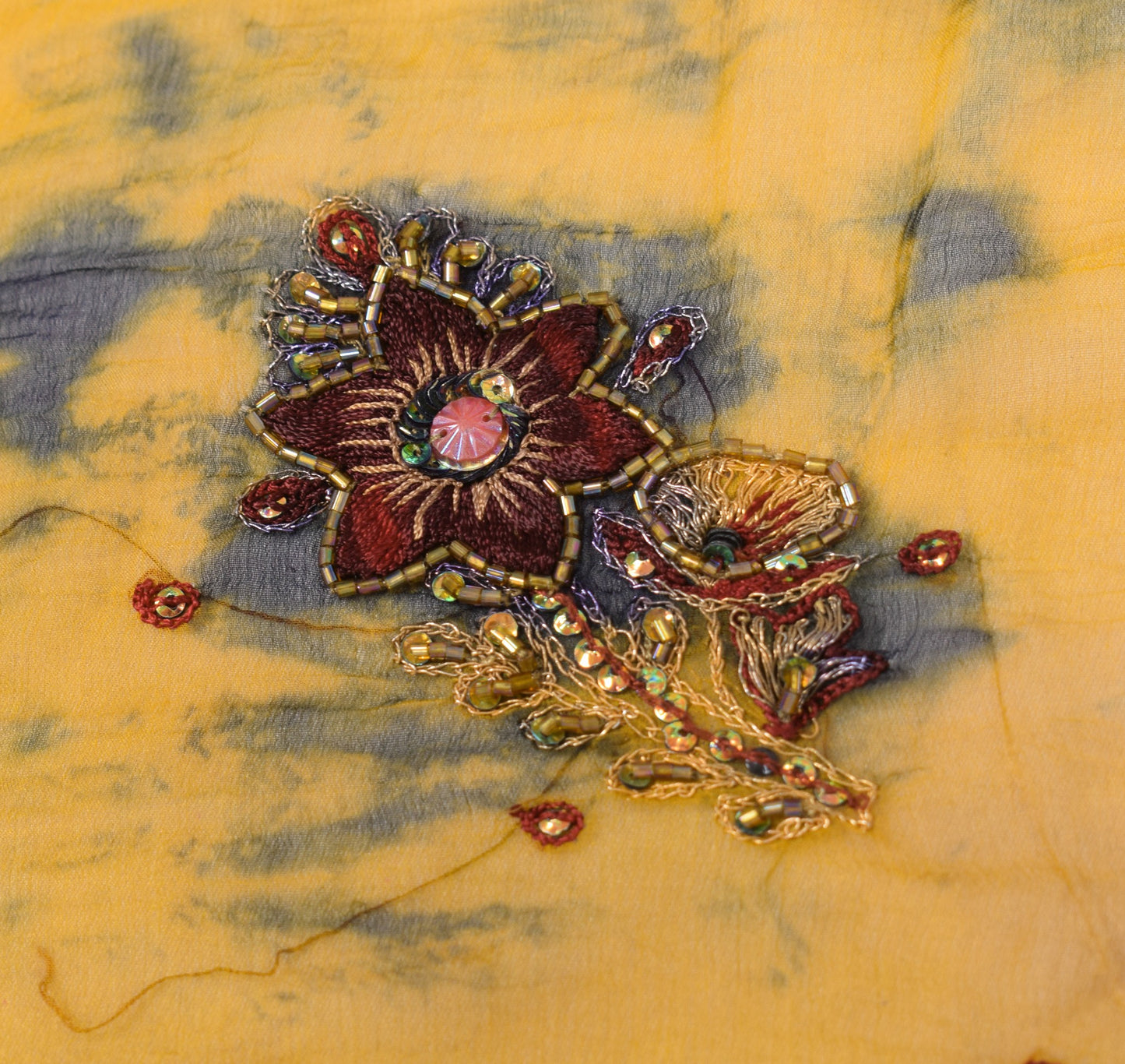 Sushila Vintage Yellow TieDye Dupatta Sequins Embroidered Pure Chiffon LongStole
