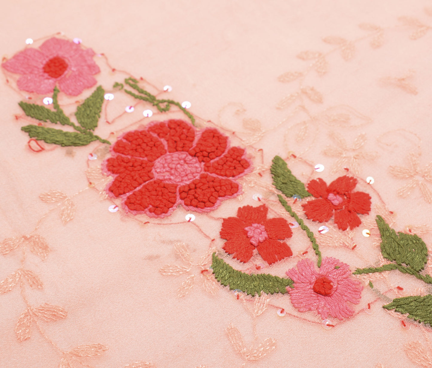 Sushila Vintage Peach Red Dupatta Pure Georgette Hand Embroidered Long Stole