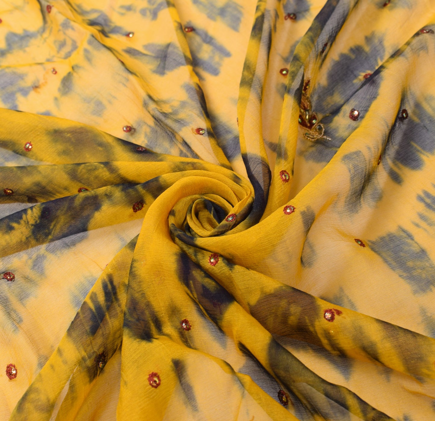 Sushila Vintage Yellow TieDye Dupatta Sequins Embroidered Pure Chiffon LongStole
