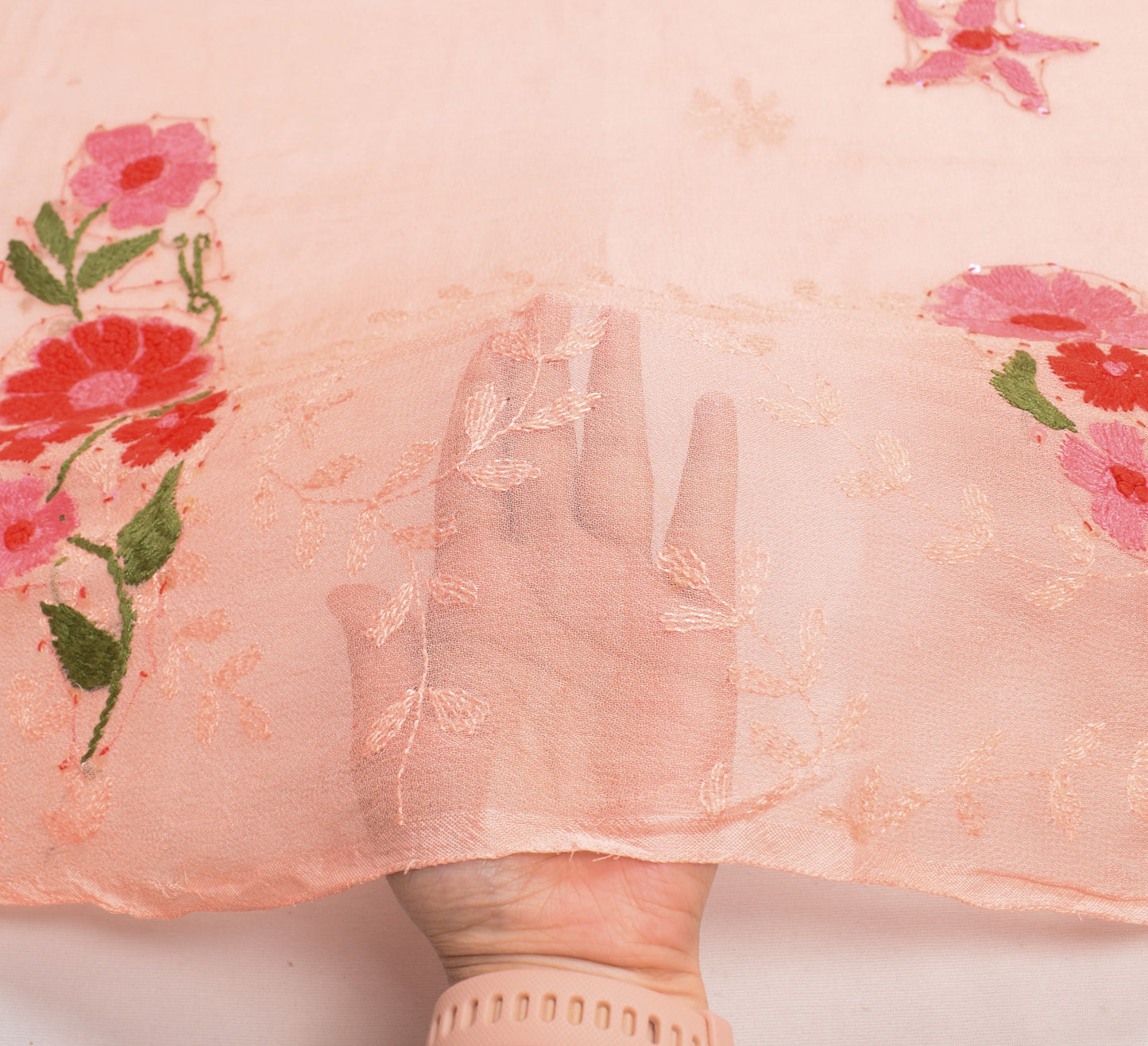 Sushila Vintage Peach Red Dupatta Pure Georgette Hand Embroidered Long Stole