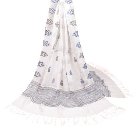 Sushila Vintage White Floral Dupatta Pure Cotton Silk Hand Woven Long Stole Wrap
