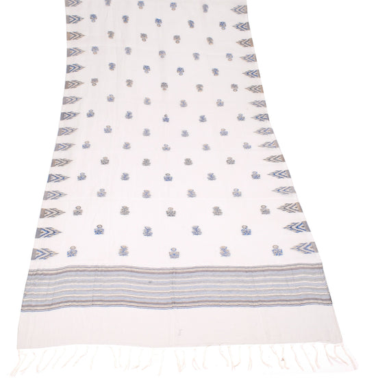 Sushila Vintage White Floral Dupatta Pure Cotton Silk Hand Woven Long Stole Wrap