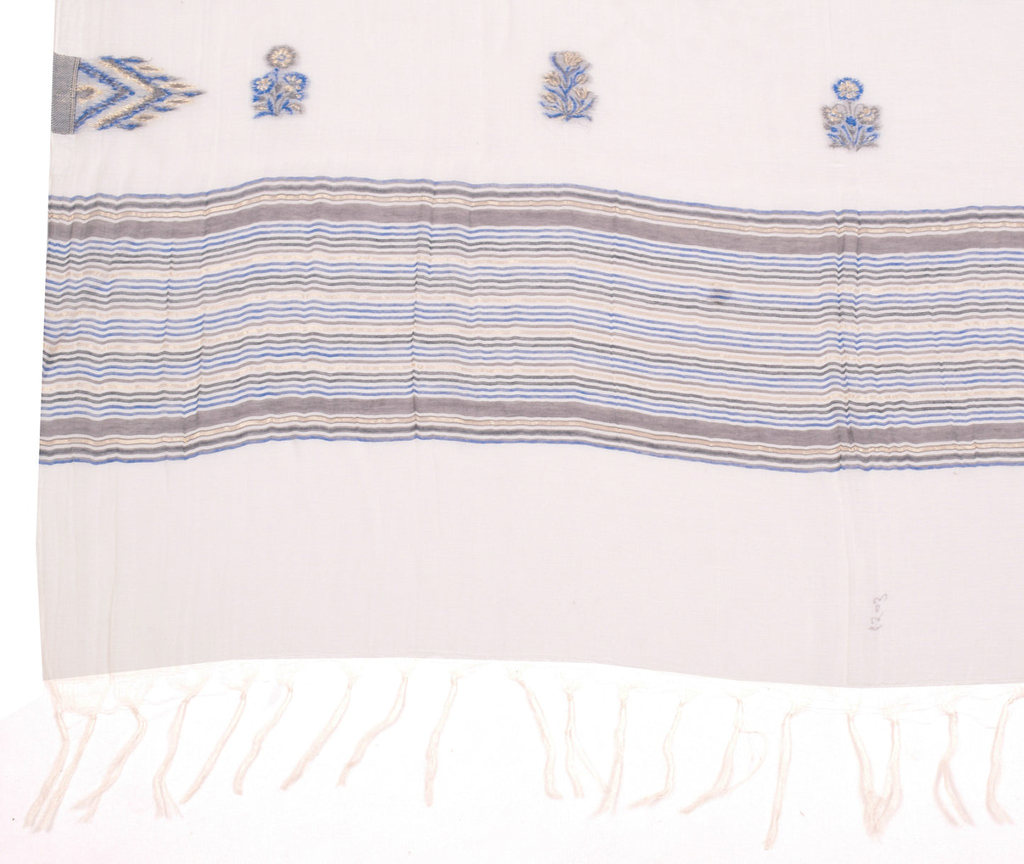 Sushila Vintage White Floral Dupatta Pure Cotton Silk Hand Woven Long Stole Wrap