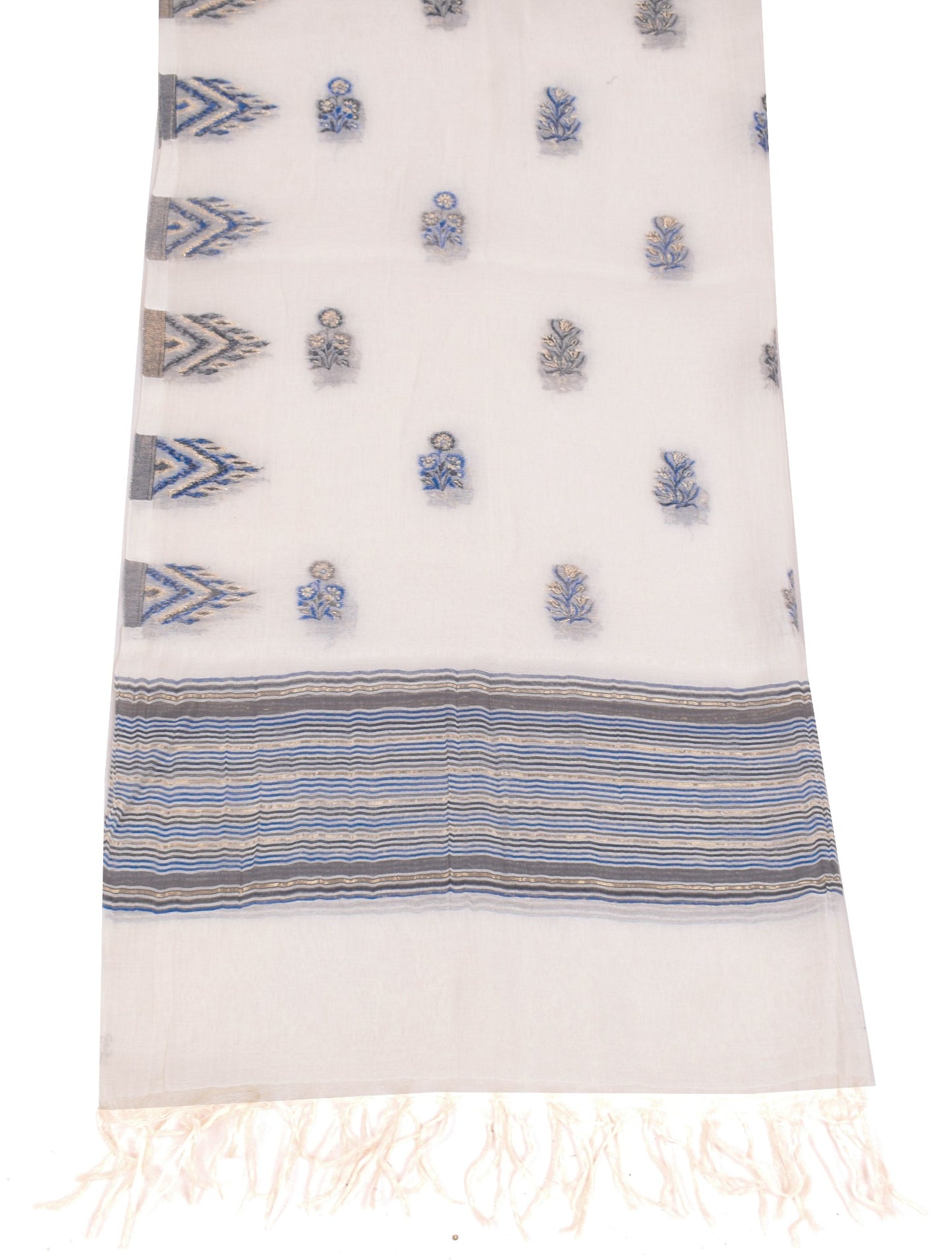Sushila Vintage White Floral Dupatta Pure Cotton Silk Hand Woven Long Stole Wrap