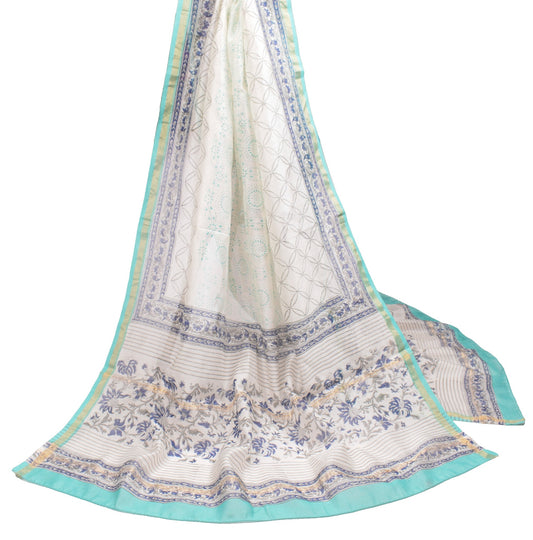 Sushila Vintage Hand Block Print Dupatta White Pure Cotton Silk Long Stole Wrap