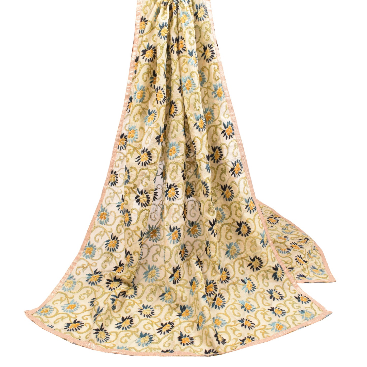 Sushila Vintage OOAK Cream Dupatta Art Silk Handmade Phulkari Long Stole Wrap