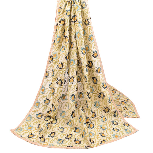 Sushila Vintage OOAK Cream Dupatta Art Silk Handmade Phulkari Long Stole Wrap