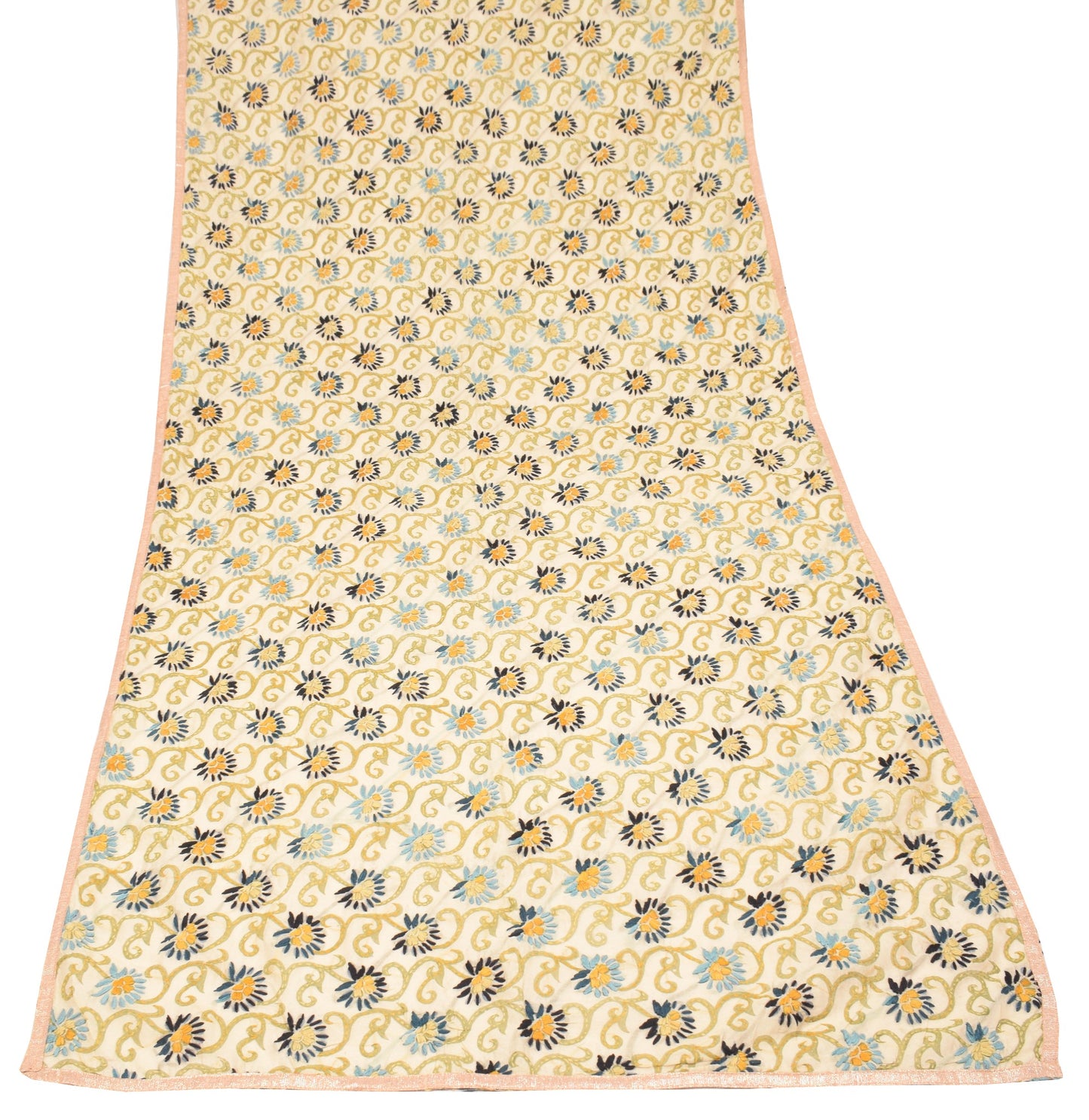 Sushila Vintage OOAK Cream Dupatta Art Silk Handmade Phulkari Long Stole Wrap