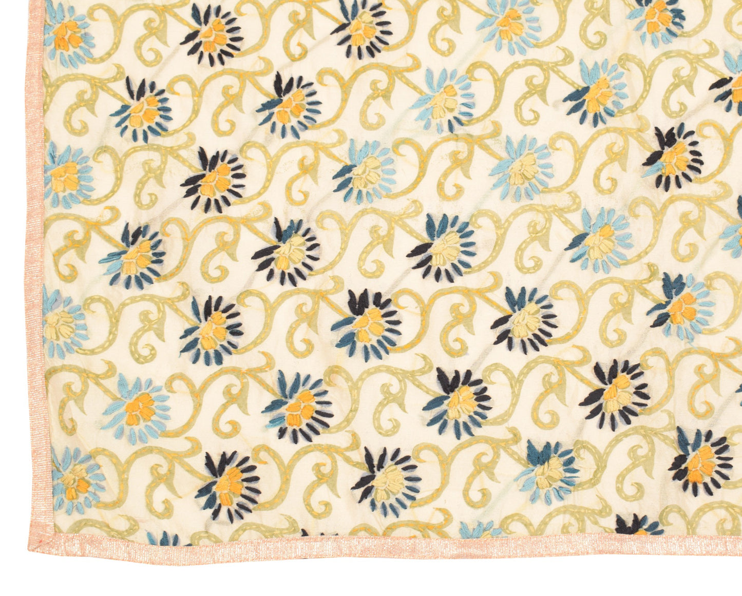 Sushila Vintage OOAK Cream Dupatta Art Silk Handmade Phulkari Long Stole Wrap