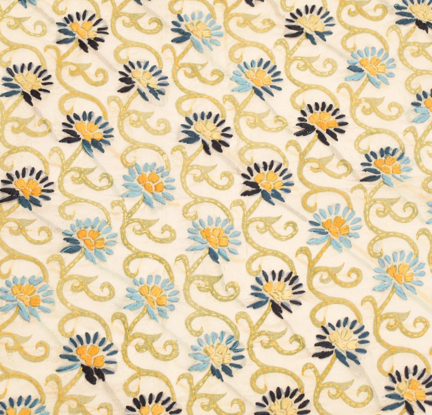 Sushila Vintage OOAK Cream Dupatta Art Silk Handmade Phulkari Long Stole Wrap