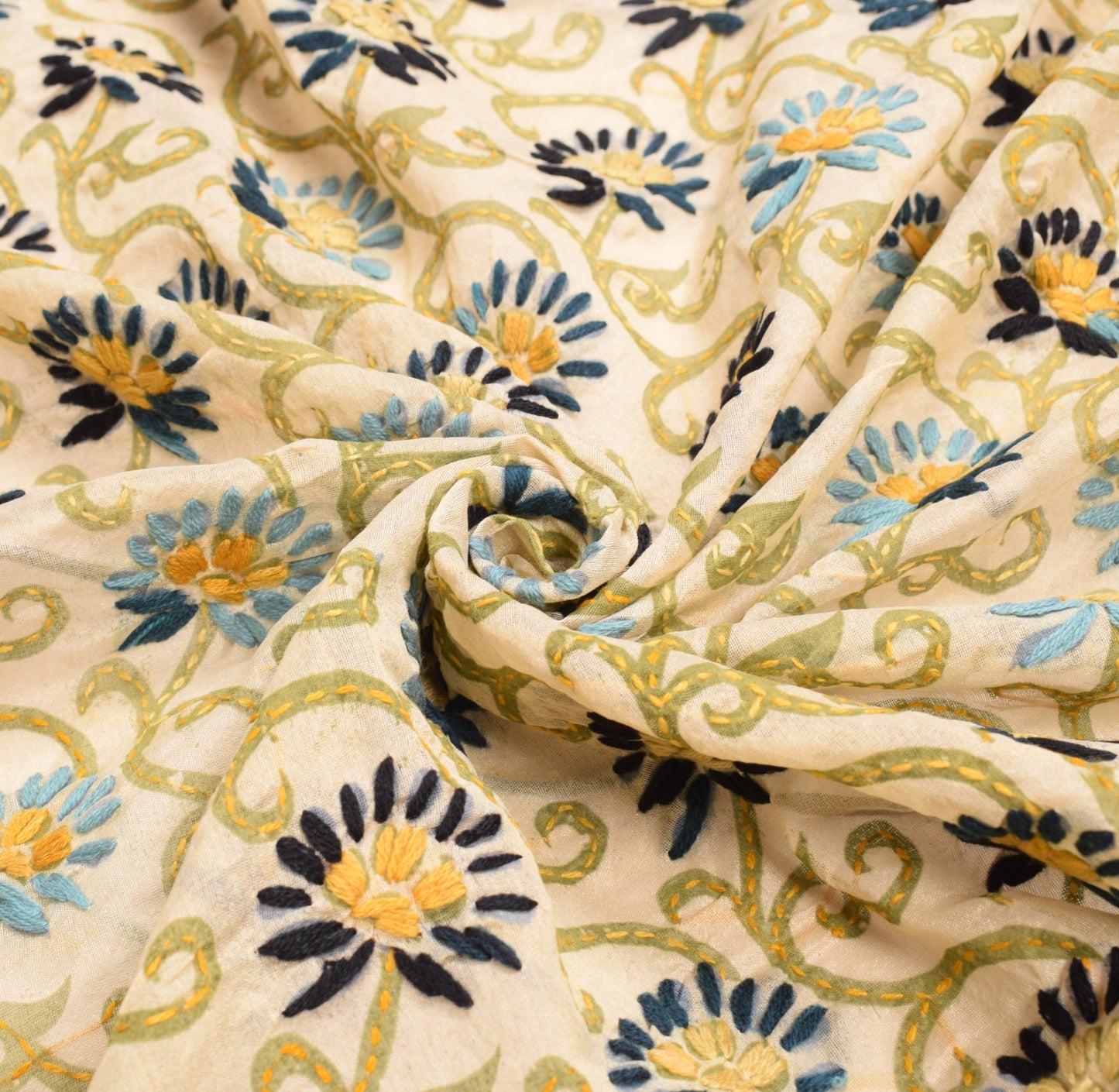 Sushila Vintage OOAK Cream Dupatta Art Silk Handmade Phulkari Long Stole Wrap