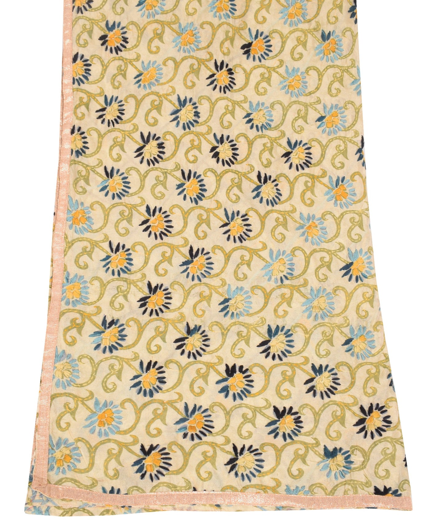 Sushila Vintage OOAK Cream Dupatta Art Silk Handmade Phulkari Long Stole Wrap