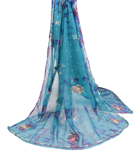 Sushila Vintage Tie-Dye Teal Blue Dupatta Hand Beaded Pure Chiffon Long Stole