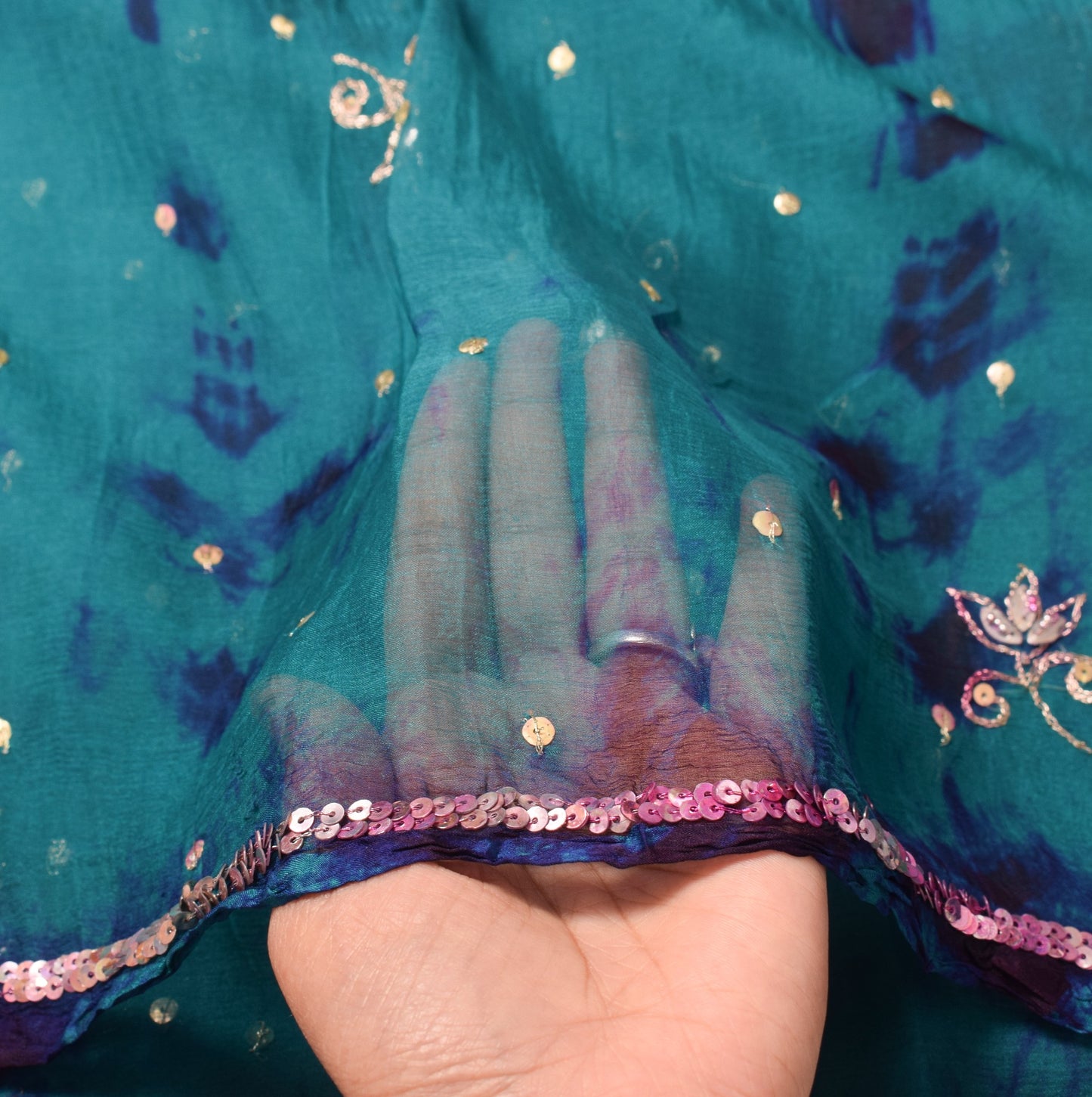 Sushila Vintage Tie-Dye Teal Blue Dupatta Hand Beaded Pure Chiffon Long Stole