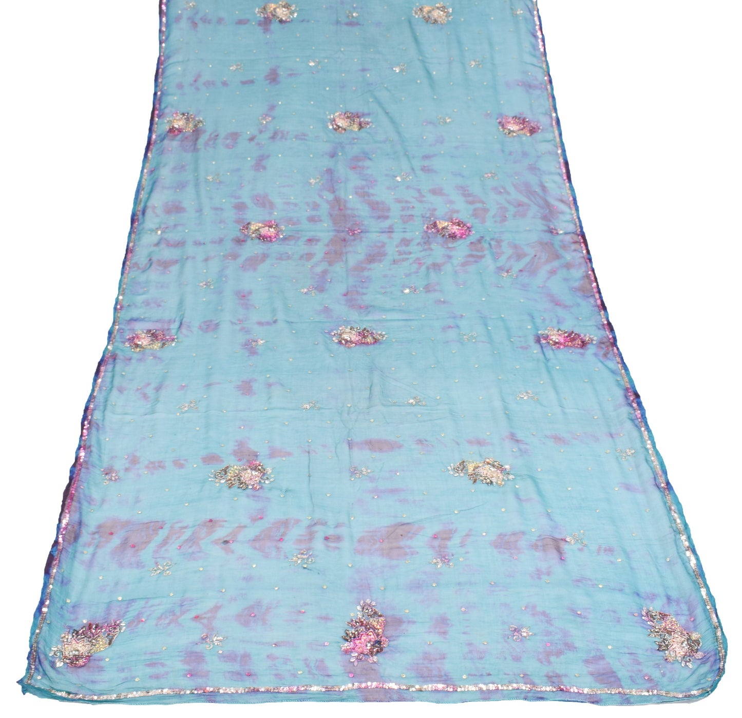 Sushila Vintage Tie-Dye Teal Blue Dupatta Hand Beaded Pure Chiffon Long Stole