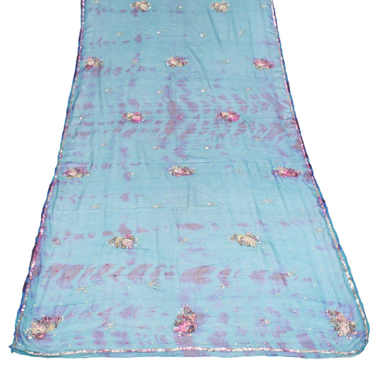 Sushila Vintage Tie-Dye Teal Blue Dupatta Hand Beaded Pure Chiffon Long Stole