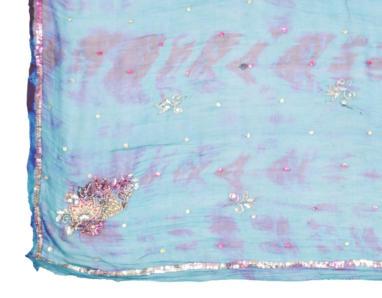 Sushila Vintage Tie-Dye Teal Blue Dupatta Hand Beaded Pure Chiffon Long Stole