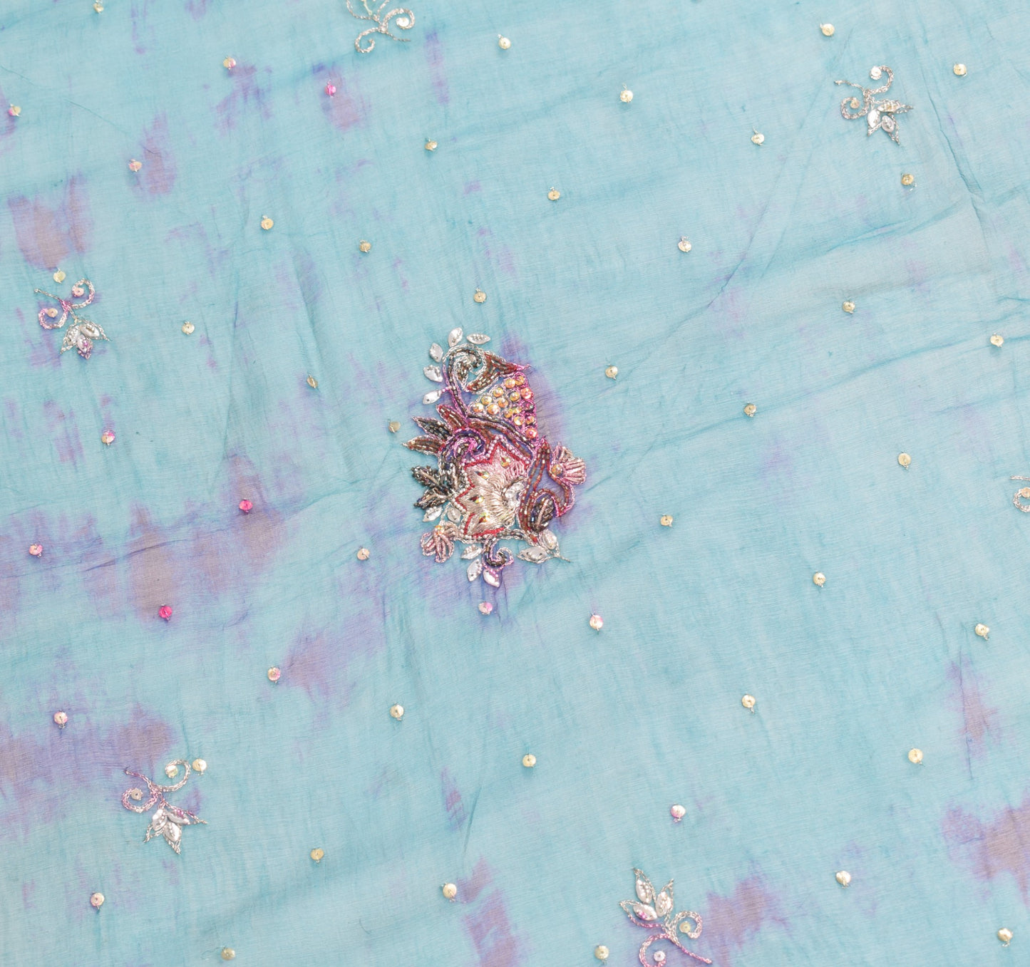 Sushila Vintage Tie-Dye Teal Blue Dupatta Hand Beaded Pure Chiffon Long Stole