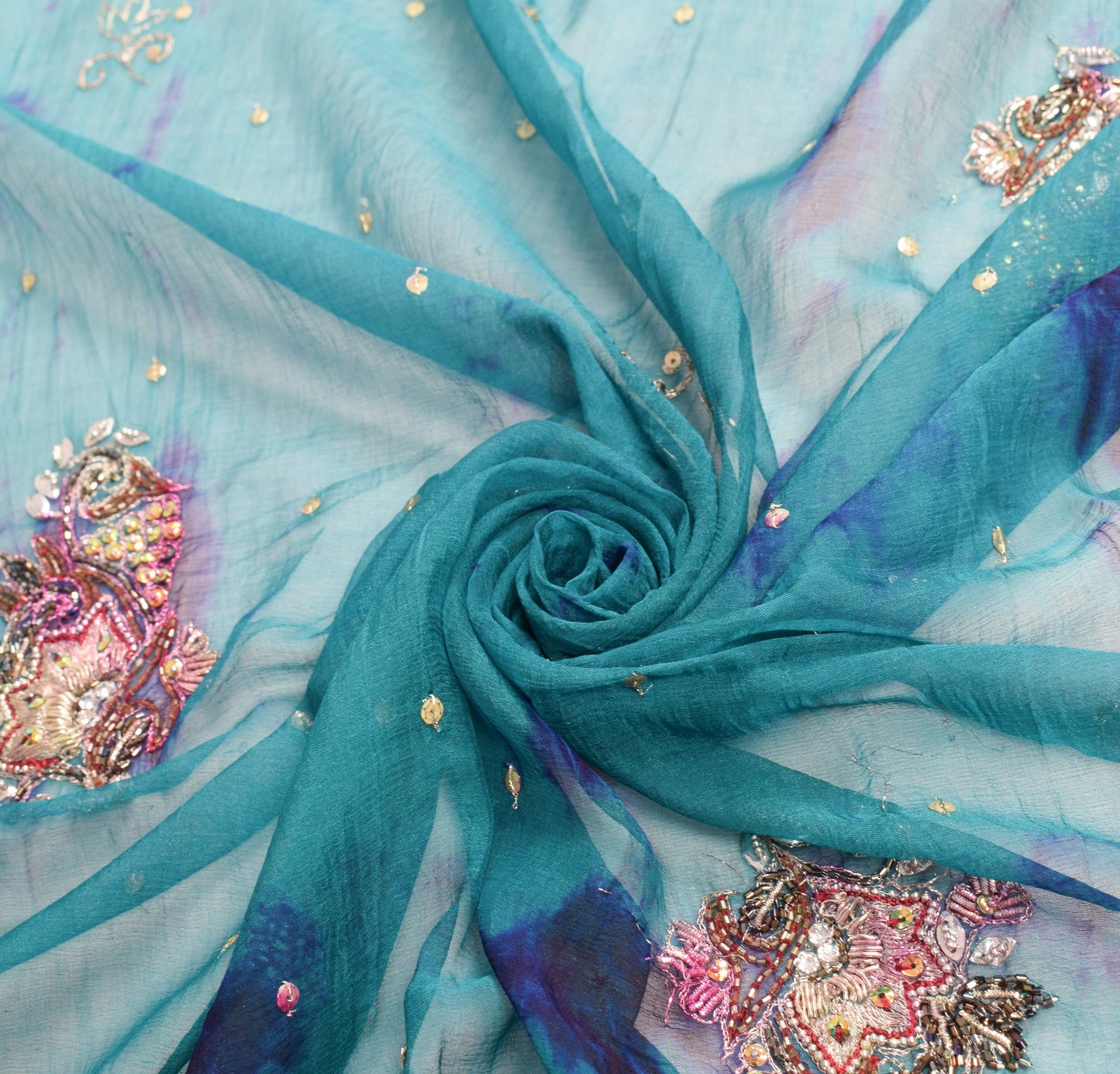Sushila Vintage Tie-Dye Teal Blue Dupatta Hand Beaded Pure Chiffon Long Stole