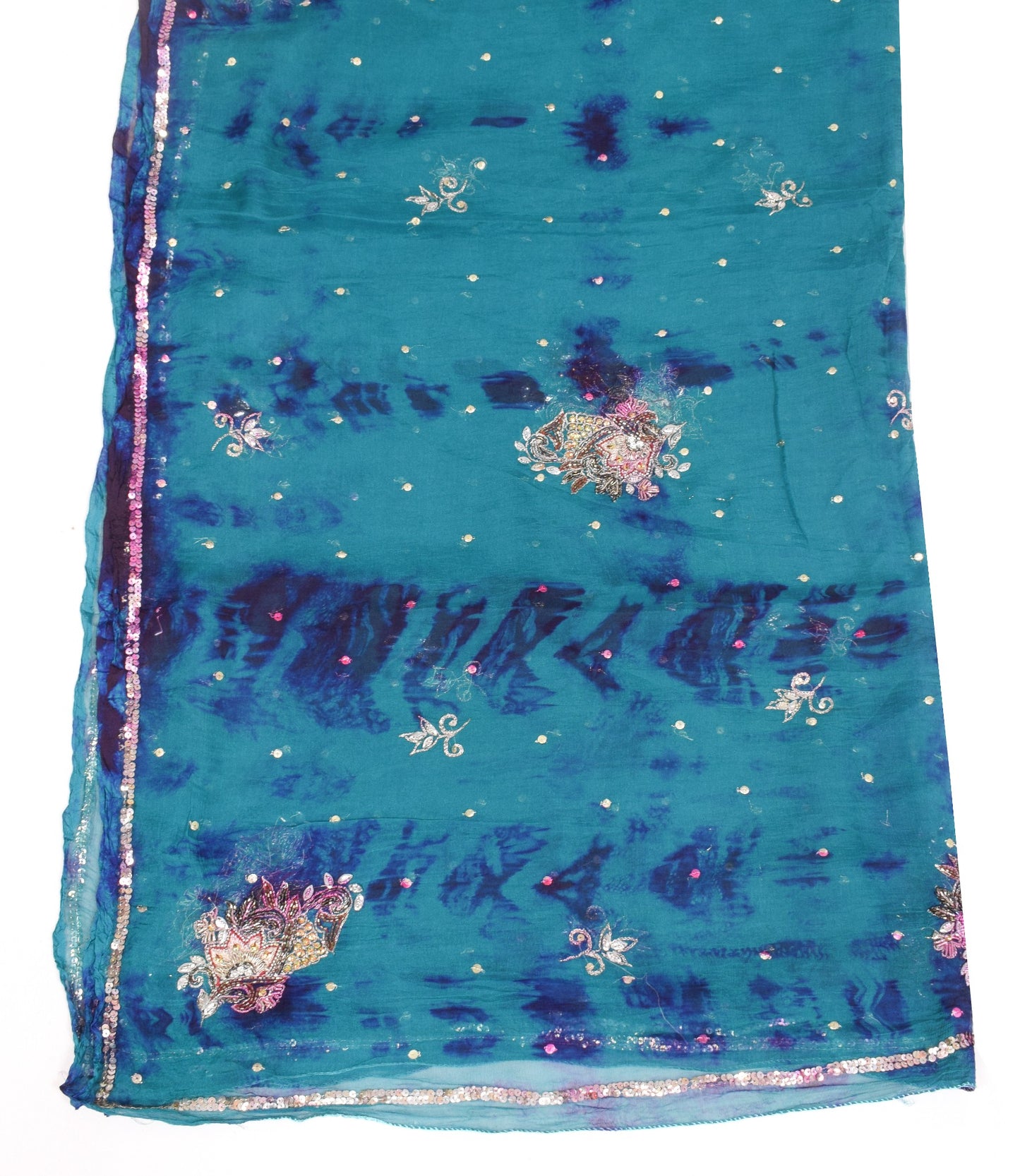 Sushila Vintage Tie-Dye Teal Blue Dupatta Hand Beaded Pure Chiffon Long Stole