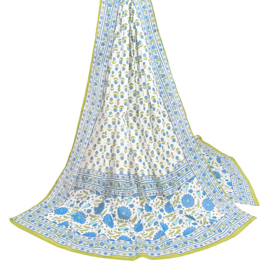 Sushila Vintage White Floral Dupatta Pure Cotton Hand Block Printed Long Stole