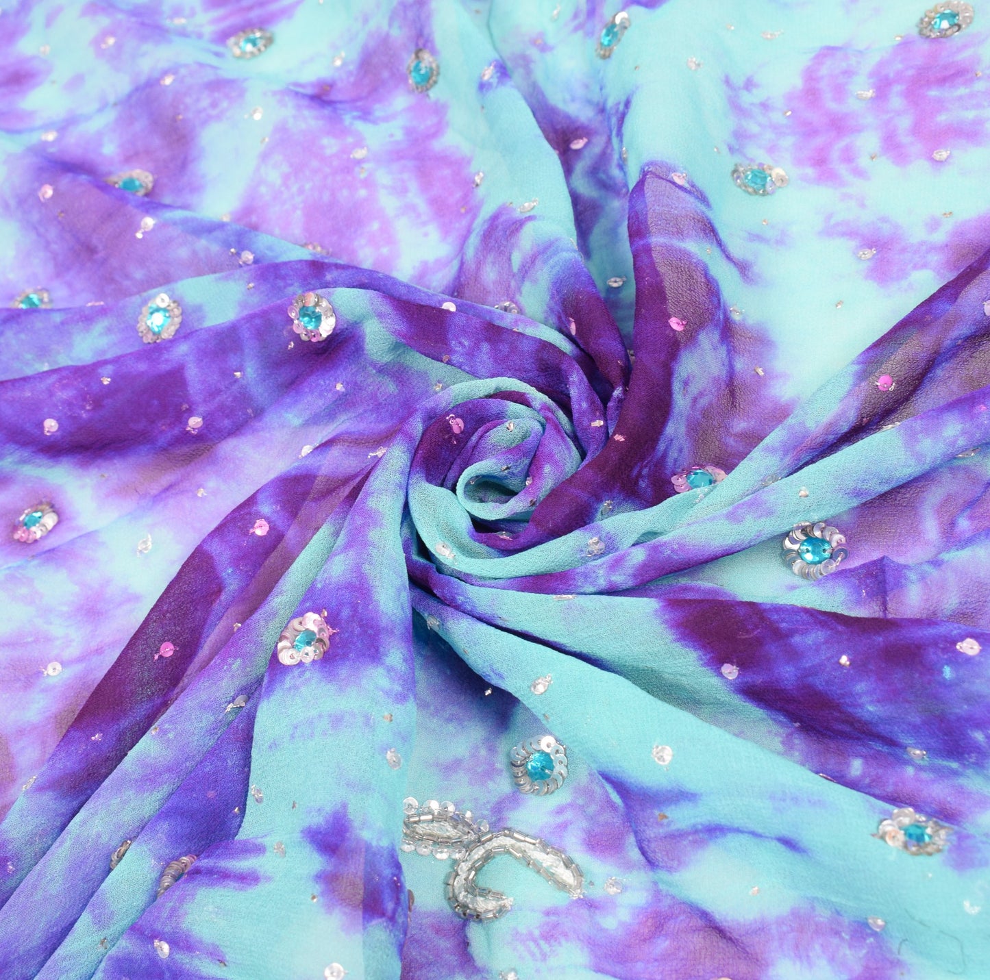 Sushila Vintage Glass Beads Embellish Dupatta Pure Georgette Tie-Dye Long Stole