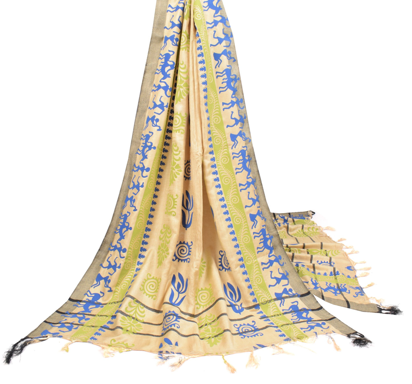 Sushila Vintage Pure Woolen Beige Dupatta Warli Printed Soft Warm LongStole Veil
