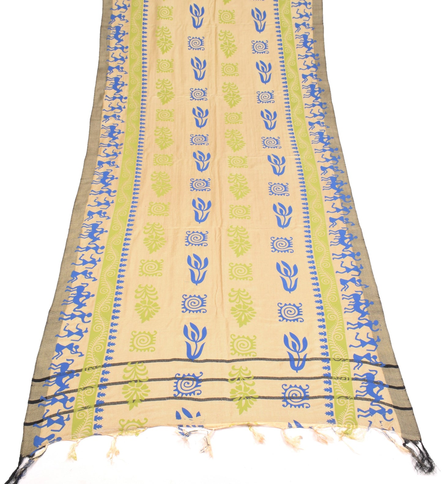 Sushila Vintage Pure Woolen Beige Dupatta Warli Printed Soft Warm LongStole Veil
