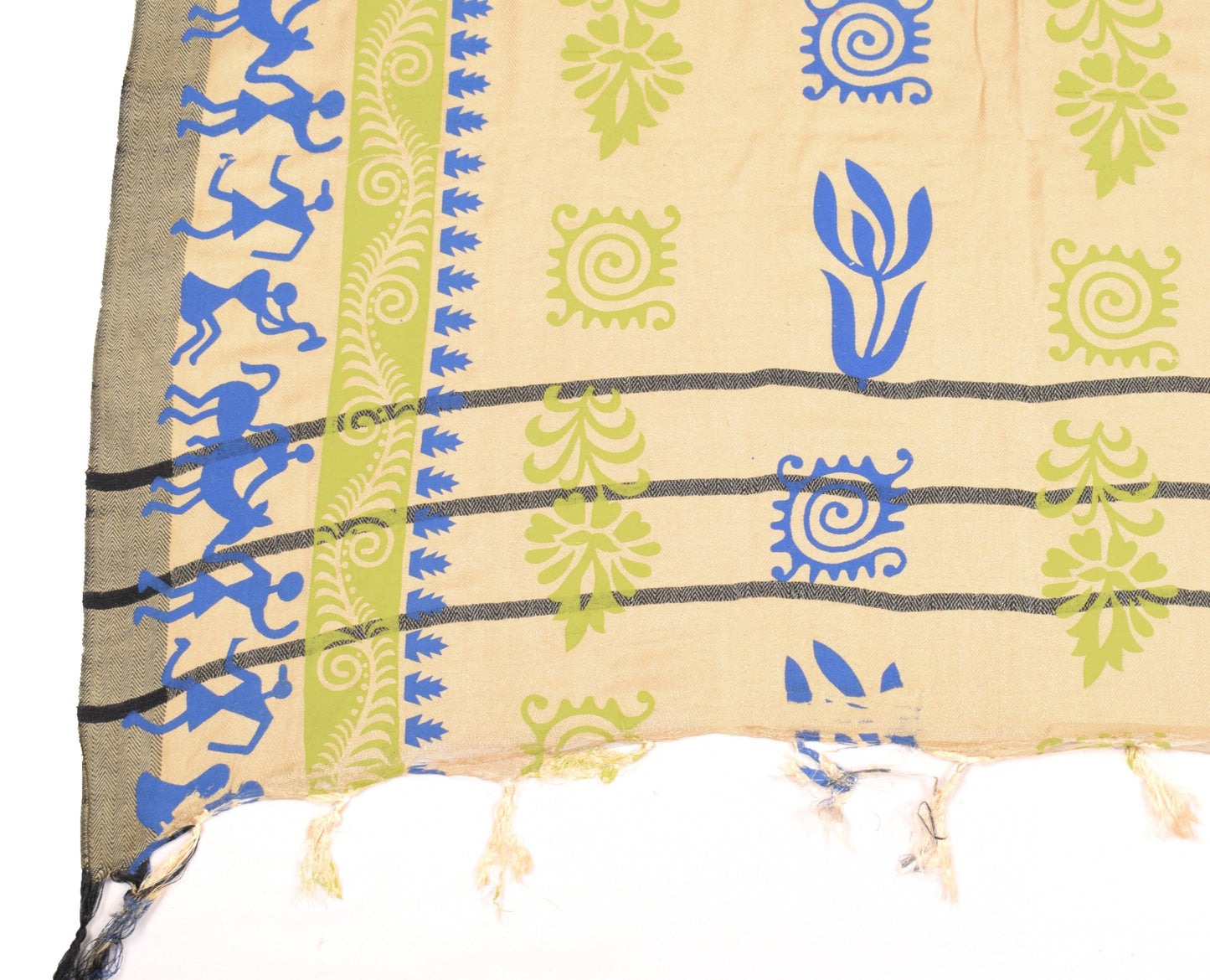 Sushila Vintage Pure Woolen Beige Dupatta Warli Printed Soft Warm LongStole Veil